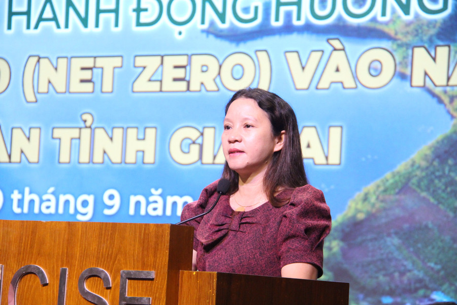 Bà Võ Cao Thị Mộng Hoài, Phó Giám đốc Sở Khoa học và Công nghệ tỉnh Gia Lai phát biểu khai mạc hội thảo. Ảnh: Trọng Lợi img-5900.jpg