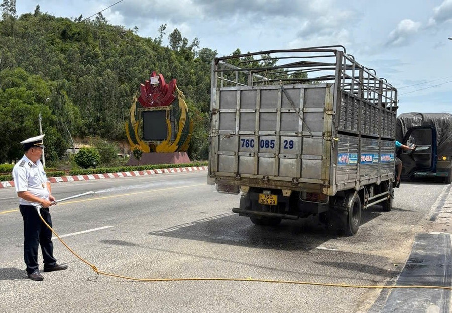 Cán bộ thú y làm việc tại Chốt kiểm soát dịch bệnh động vật Bình Đê thực hiện nghiêm túc việc kiểm tra, kiểm soát phương tiện vận chuyển heo qua địa bàn tỉnh. Ảnh: Trọng Lợi d2c5a056b2d43a8a63c5.jpg