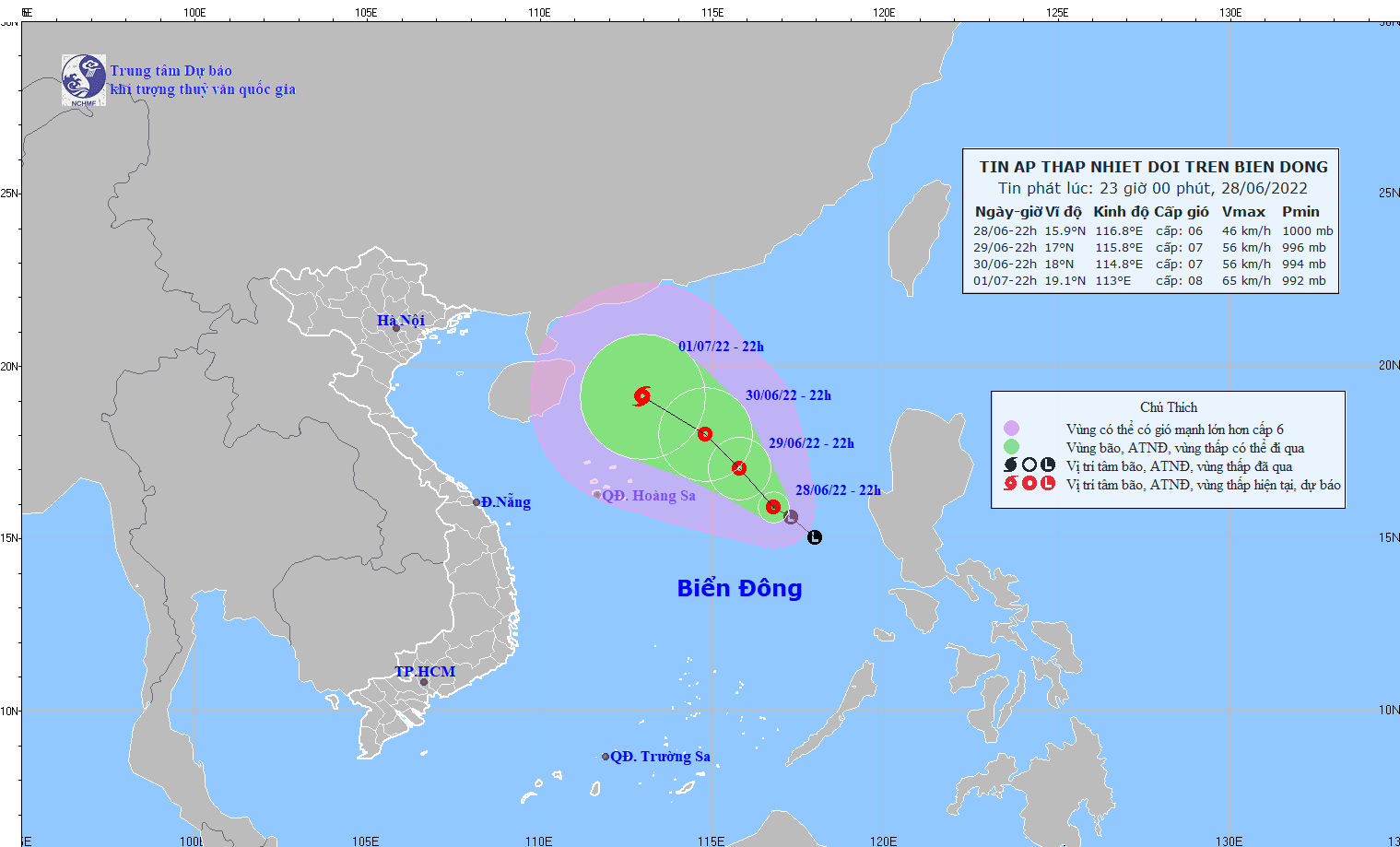 Vị trí và đường đi của vùng áp thấp. Ảnh: Trung tâm Dự báo Khí tượng Thuỷ văn Quốc gia. Vị trí và đường đi của vùng áp thấp. Ảnh: Trung tâm Dự báo Khí tượng Thuỷ văn Quốc gia.