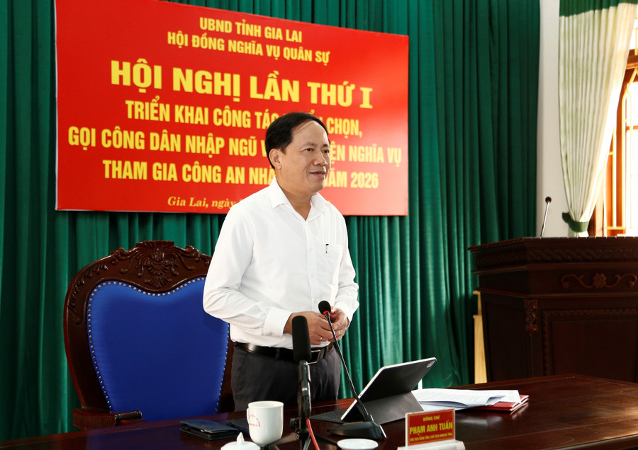 Chủ tịch UBND tỉnh Phạm Anh Tuấn - Chủ tịch Hội đồng NVQS tỉnh phát biểu kết luận hội nghị. Ảnh: H.P 2-8666.jpg