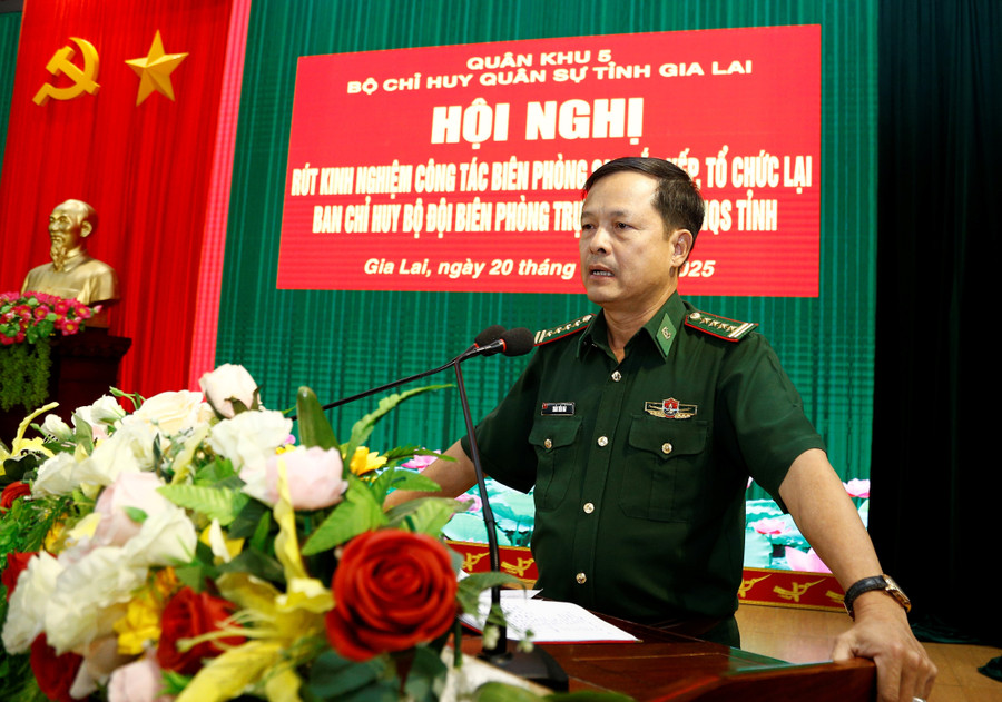 Đại tá Trần Tiến Hải-Phó Chỉ huy trưởng Bộ CHQS tỉnh, Chỉ huy trưởng Ban Chỉ huy BĐBP tỉnh phát biểu tại hội nghị. Ảnh: H.P mg-5831.jpg