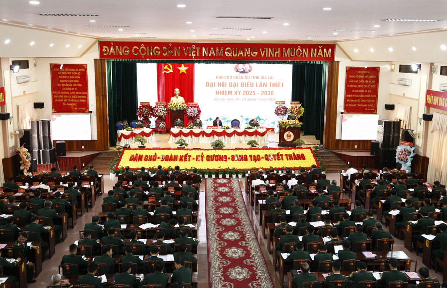 Quang cảnh Đại hội đại biểu Đảng bộ Quân sự tỉnh Gia Lai lần thứ I nhiệm kỳ 2025 - 2030. Ảnh: Thương Phúc mg-9683.jpg