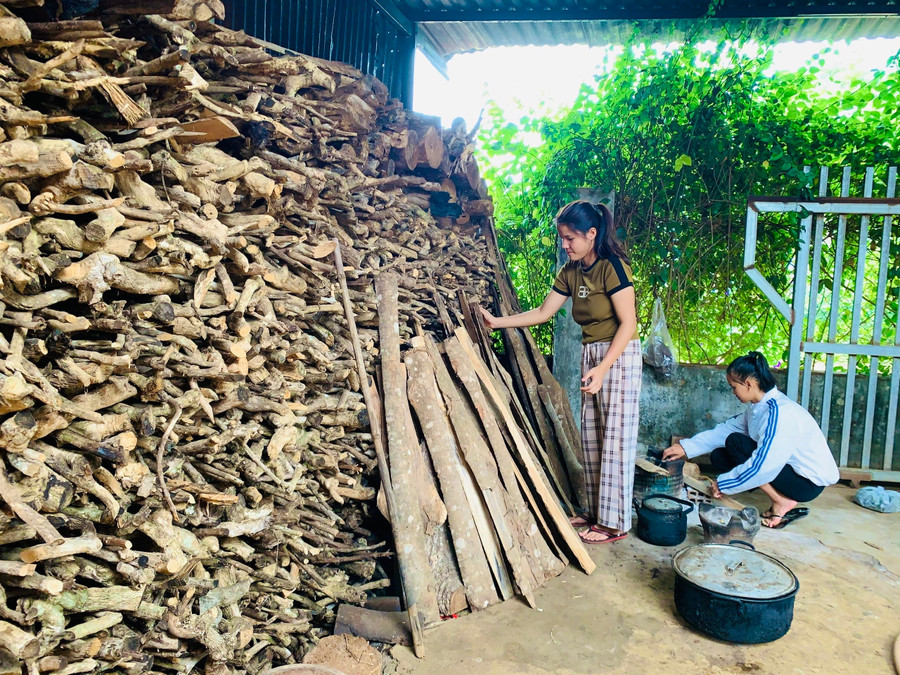 Nhiều thiếu nữ học cách xếp củi gọn gàng từ khi còn nhỏ. Ảnh: Hồng Thương khi-moi-10-12-tuoi-con-gai-jrai-da-duoc-me-day-cach-xep-cui.jpg