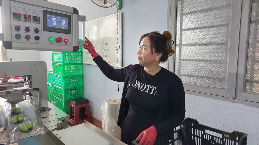 Chị Nguyễn Thị Tường Vi-công nhân của Công ty TNHH MTV Hương đất An Phú điều khiển máy đóng gói tự động. Ảnh: N.D chi-nguyen-thi-tuong-vi-dang-dieu-khien-may-dong-goi-san-pham.jpg