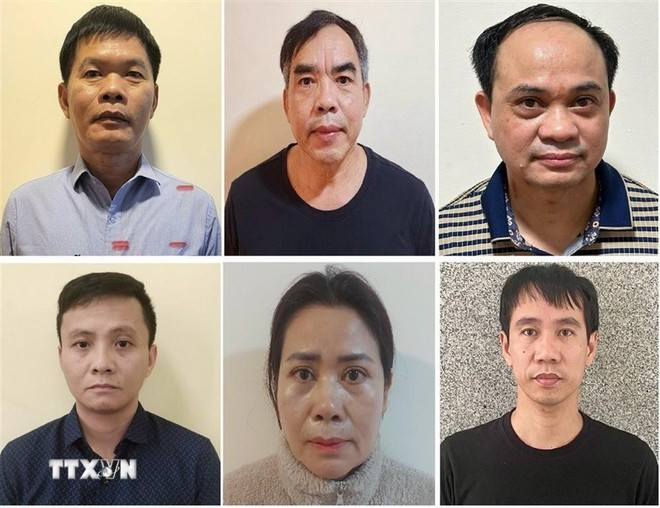 Các bị cáo: Nguyễn Văn Khước, Chu Quốc Hải, Hoàng Văn Nhiệm, Cao Đại Nghĩa, Đinh Thị Thu Hương, Nguyễn Ngọc Huy (theo thứ tự từ trái sang phải, từ trên xuống dưới). (Ảnh: Bộ Công an/TTXVN phát) Các bị cáo: Nguyễn Văn Khước, Chu Quốc Hải, Hoàng Văn Nhiệm, Cao Đại Nghĩa, Đinh Thị Thu Hương, Nguyễn Ngọc Huy (theo thứ tự từ trái sang phải, từ trên xuống dưới). (Ảnh: Bộ Công an/TTXVN phát)
