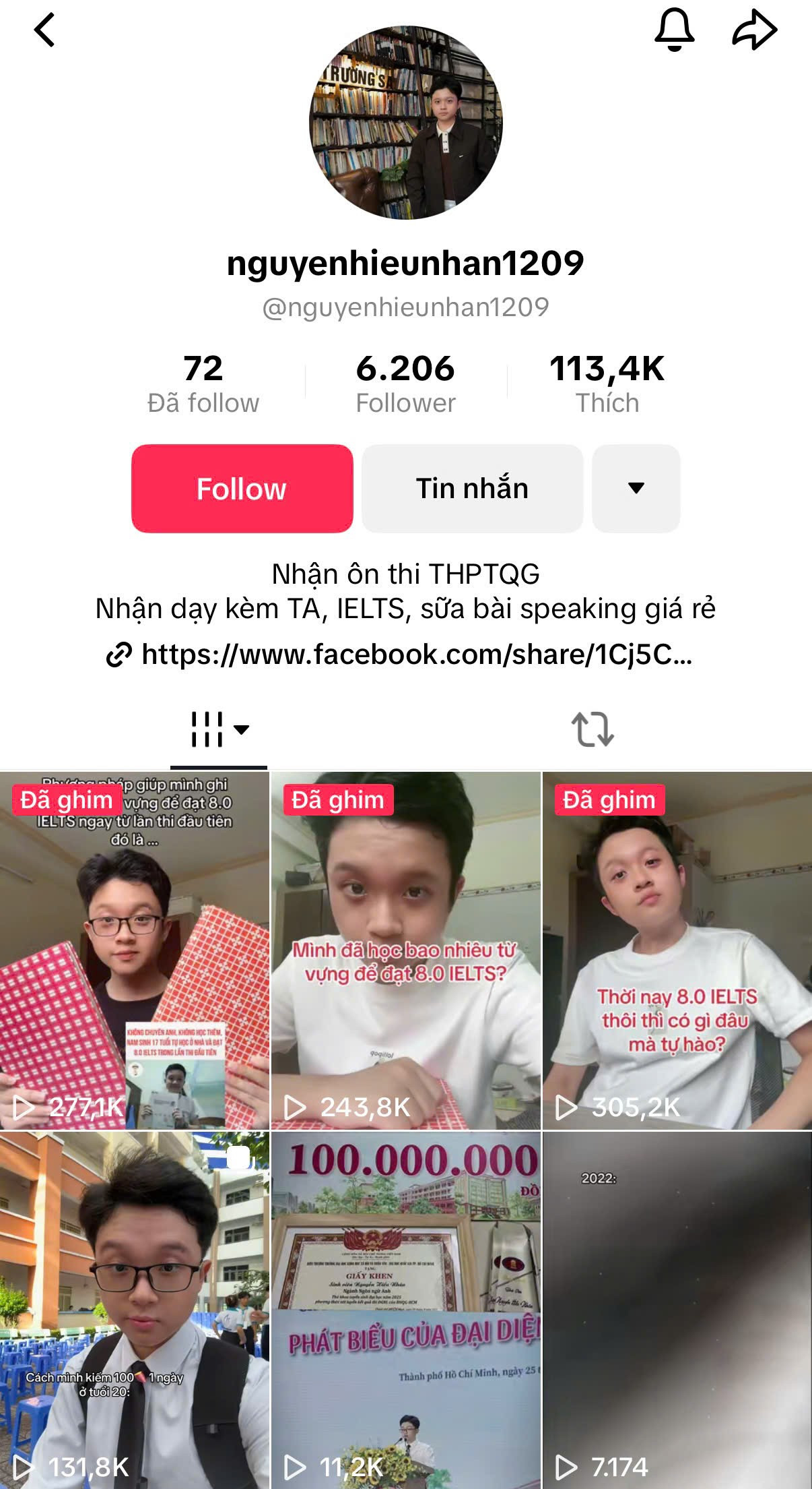 Kênh TikTok cá nhân của Hiếu Nhân thu hút đông đảo lượng người theo dõi. Ảnh màn hình tiktok-hieu-nhan.jpg