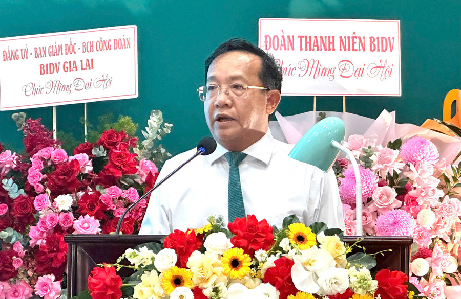 Bí thư Đảng ủy, Giám đốc chi nhánh BIDV Gia Lai Trần Văn Chương phát biểu tại Đại hội. Ảnh: Minh Chí dong-chi-tran-van-chuong-phat-bieu-tai-dai-hoi.jpg