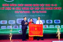 Chủ tịch UBND tỉnh đã tặng Cờ “Vì sự nghiệp xây dựng và bảo vệ tỉnh Gia Lai” cho Hiệp hội Doanh nghiệp tỉnh. Ảnh Hà Duy