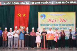 Ban tổ chức trao giải nhất toàn đoàn hội thi tìm hiểu pháp luật về lĩnh vực công tác dân tộc cho đội thi phường Hòa Bình. Ảnh: Vũ Chi