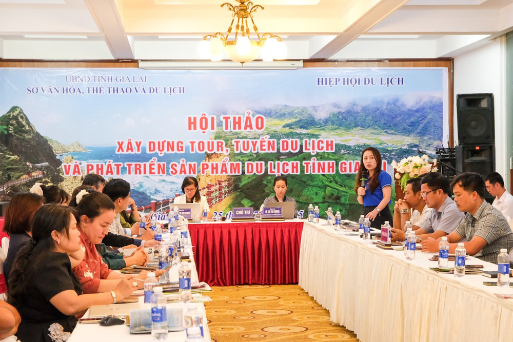 Bà Hoàng Thị Thu Sen đưa ra nhiều đề xuất tại hội thảo để xây dựng sản phẩm du lịch mới cho Gia Lai. Ảnh: Hoàng Ngọc dscf6482-2.jpg