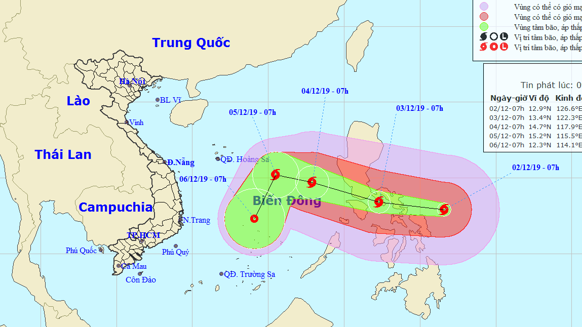 Bản đồ dự báo đường đi của bão Kammuri - Ảnh Trung tâm Dự báo khí tượng thủy văn quốc gia cung cấp Bản đồ dự báo đường đi của bão Kammuri - Ảnh Trung tâm Dự báo khí tượng thủy văn quốc gia cung cấp