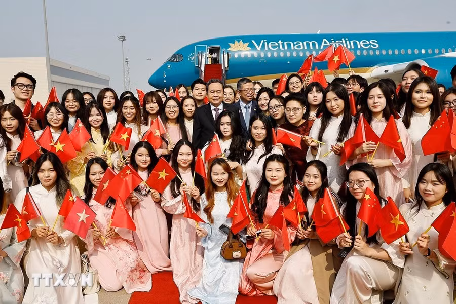 Đại sứ Phạm Thanh Bình cùng cán bộ, nhân viên Đại sứ quán Việt Nam và đại diện cộng đồng người Việt Nam tại Trung Quốc đón Chủ tịch Quốc hội Trần Thanh Mẫn tại Sân bay quốc tế Bắc Kinh. Ảnh: Doãn Tấn/TTXVN