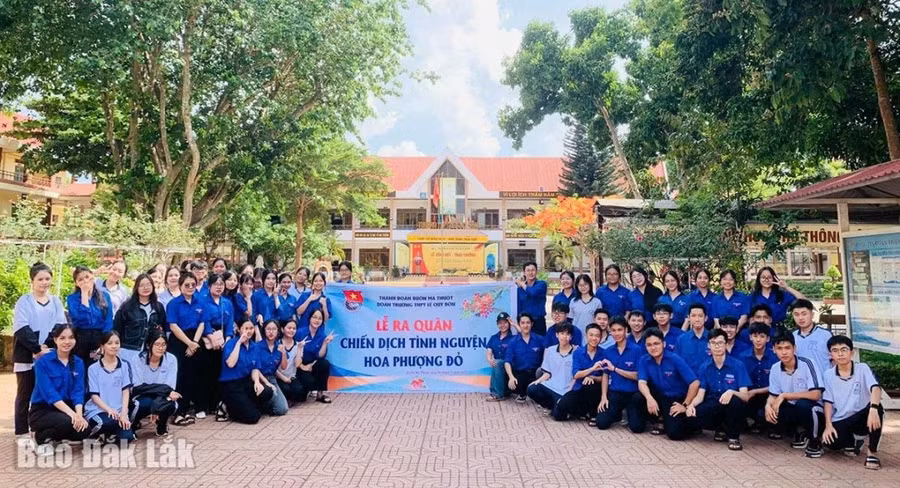 Đoàn viên Trường THPT Lê Quý Đôn (TP. Buôn Ma Thuột) tham gia Lễ ra quân Chiến dịch tình nguyện Hoa phượng đỏ. Ảnh: Nhà trường cung cấp