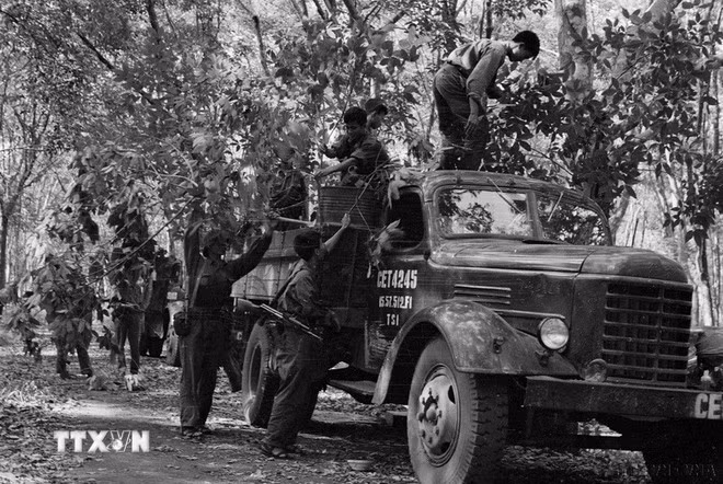 Các chiến sỹ đoàn Khe Sanh ngụy trang xe trước khi tiến công vào Sài Gòn. (Ảnh: Quang Thành/TTXVN)
