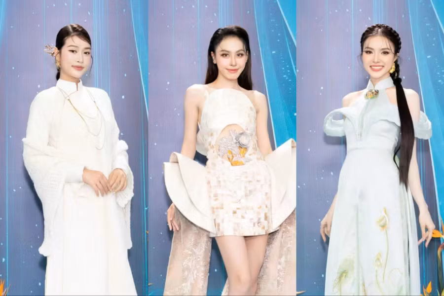 Hoa hậu Thiên Ân, Á hậu Hạnh Nguyên chọn áo dài khi xuất hiện tại sự kiện. Trong khi đó, Á hậu Ngọc Hằng diện váy trắng độc đáo, khoe sắc trên thảm đỏ
