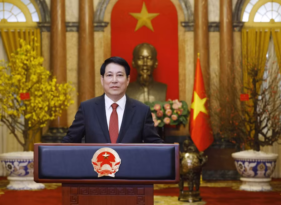 Chủ tịch nước Lương Cường đọc thông điệp chúc Tết Ất Tỵ 2025. Ảnh: Lâm Khánh/TTXVN
