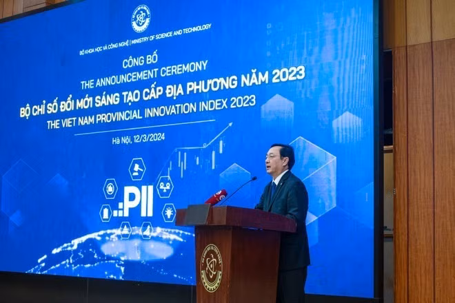 Bộ trưởng Bộ Khoa học và Công nghệ Huỳnh Thành Đạt phát biểu tại lễ Công bố Bộ chỉ số Đổi mới sáng tạo cấp địa phương. (Ảnh: Minh Sơn/Vietnam+)