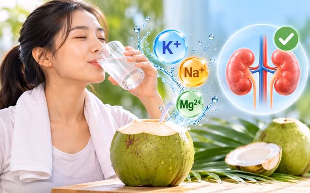Với người có chức năng thận bình thường, nước dừa có thể giúp bổ sung nước và một số chất điện giải. Ảnh: P.H tạo từ AI