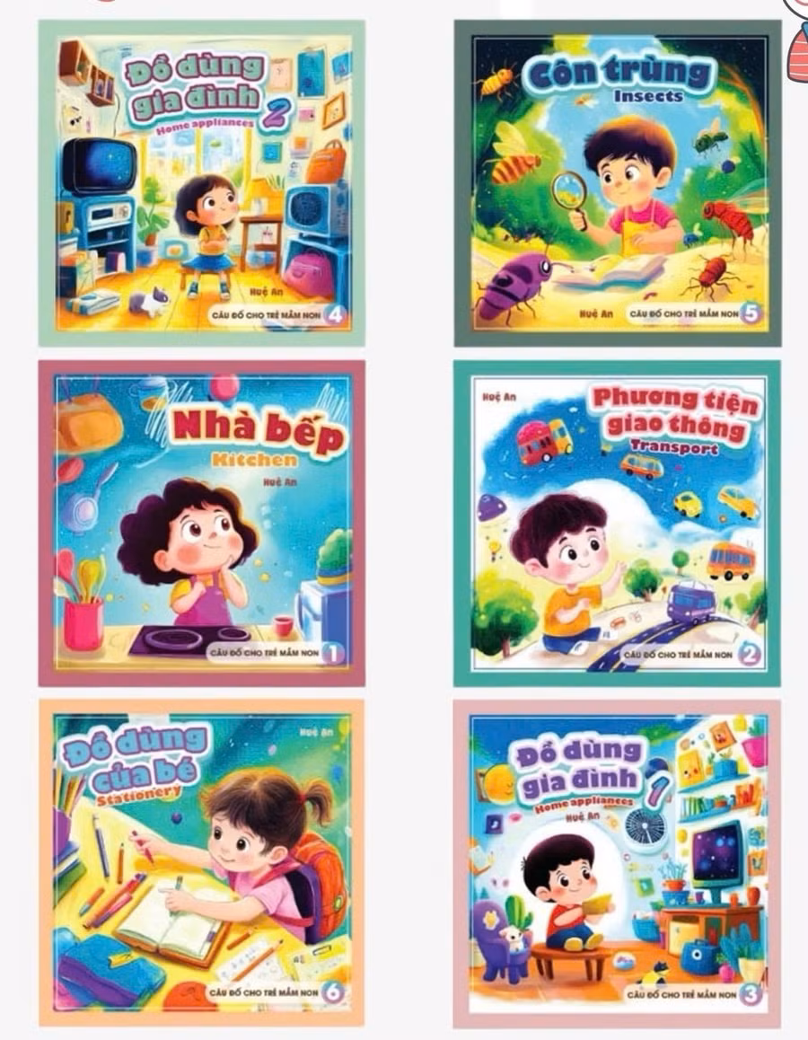 Bộ sách "Câu đố cho trẻ mầm non" gồm 6 cuốn, tương ứng với các chủ đề khác nhau