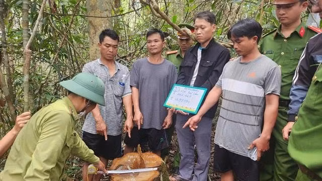 Chung (áo đen cầm bảng) cùng Nguyên, K'Thắng, và K'Thức, tại hiện trường vụ cưa hạ cây rừng