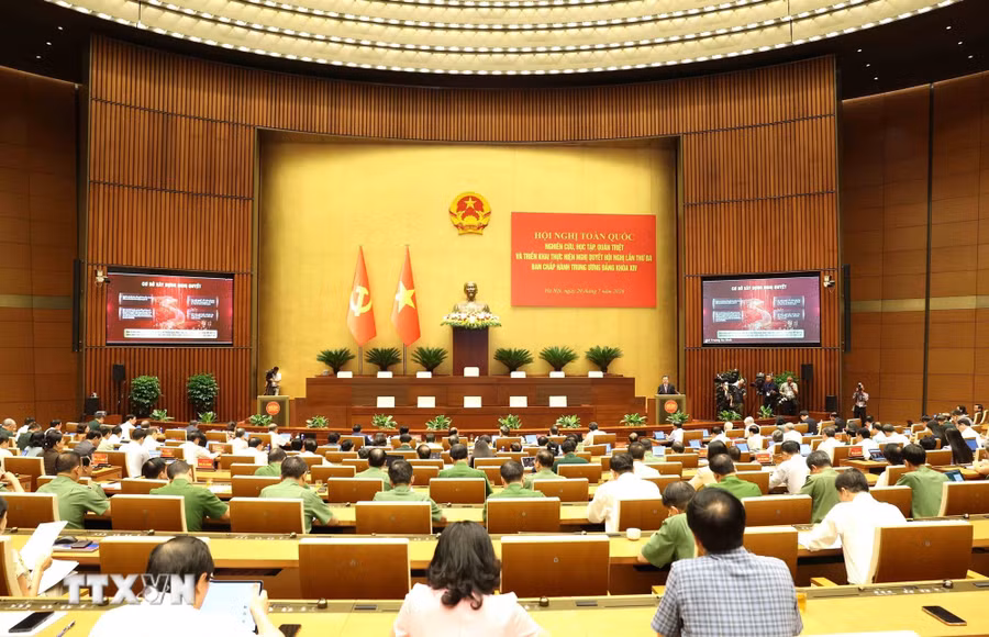 Quang cảnh hội nghị tại điểm cầu trung tâm - Hội trường Diên Hồng, Nhà Quốc hội (Hà Nội). Ảnh: Phương Hoa/TTXVN