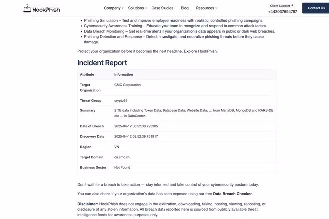 Trang Hookphish thông báo về cuộc tấn công ransomware vào CMC. (Ảnh chụp màn hình)