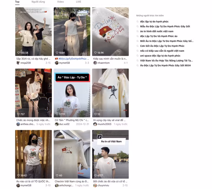 Mẫu áo phông in tiêu ngữ "Độc lập - Tự do - Hạnh phúc" gây sốt trên TikTok. (Ảnh chụp màn hình)