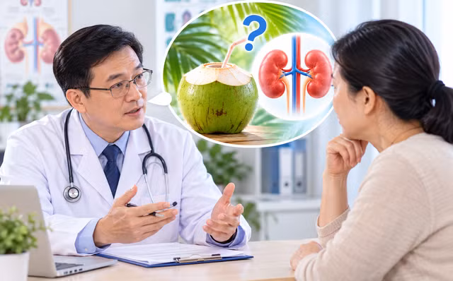 Người mắc bệnh thận nên hỏi bác sĩ về lượng kali và dịch phù hợp với tình trạng của mình trước khi uống nước dừa thường xuyên. Ảnh: P.H tạo từ AI