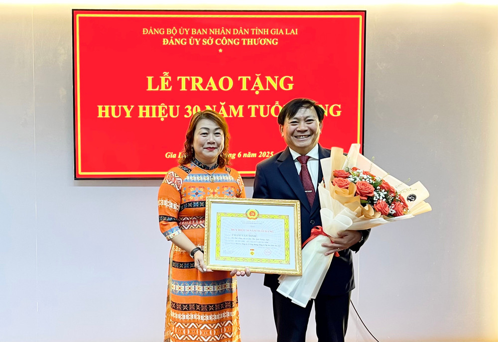 Đồng chí Phạm Văn Binh-Bí thư Đảng ủy, Giám đốc Sở Công thương Gia Lai đã nhận Huy hiệu 30 năm tuổi Đảng. Ảnh: V.T trao-huy-hieu.jpg