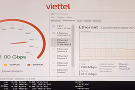 Màn hình đo tốc độ kết nối Internet tại phòng thí nghiệm viễn thông Việt Nam hiển thị kết quả tải lên và tải xuống đạt gần 50 Gbps.