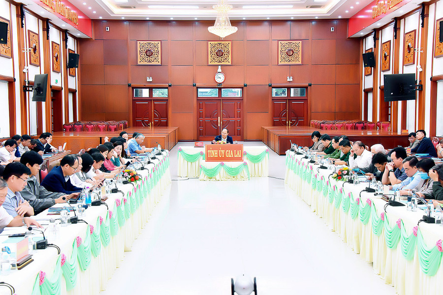 Quang cảnh hội nghị tại điểm cầu Hội trường 2-9, TP. Pleiku. Ảnh: Đức Thụy