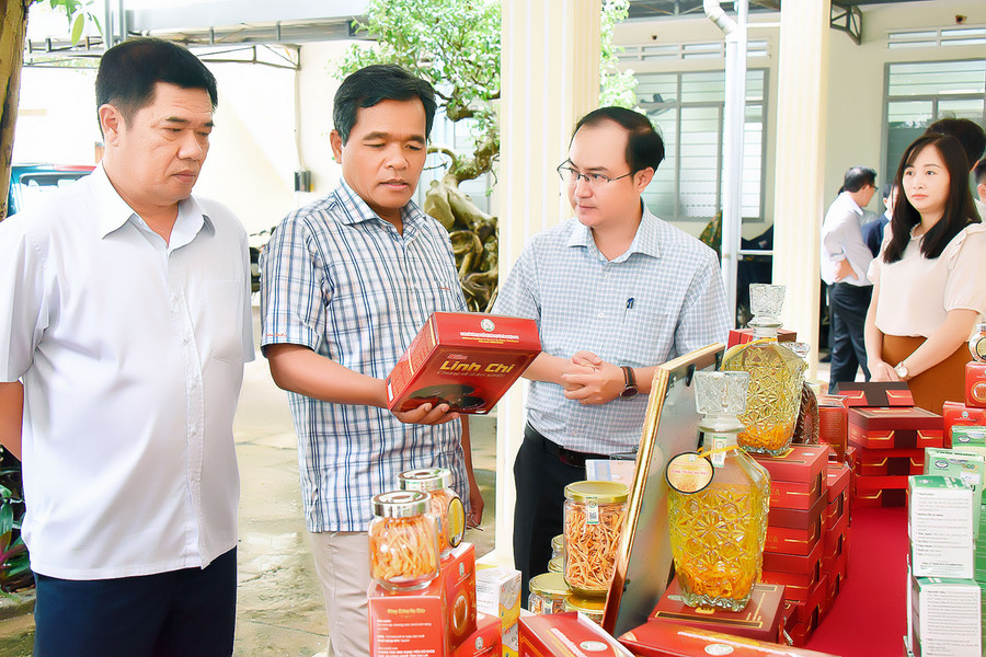 Ủy viên Ban Chấp hành Trung ương Đảng, Bí thư Tỉnh ủy, Chủ tịch HĐND tỉnh Hồ Văn Niên (thứ 2 từ trái sang) cùng các đại biểu tham quan khu trưng bày một số sản phẩm OCOP của tỉnh. Ảnh: Đức Thụy