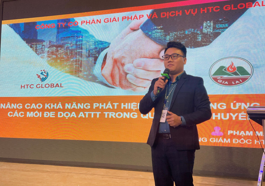 Ông Phạm Mạnh Hùng-Tổng Giám đốc Công ty Cổ phần giải pháp và dịch vụ HTC Global-chia sẻ về việc nâng cao khả năng phát hiện và ứng phó các mối đe dọa an toàn thông tin. Ảnh: Trần Dung