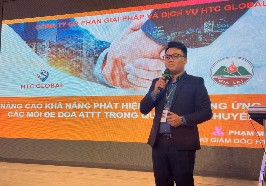 Ông Phạm Mạnh Hùng-Tổng Giám đốc Công ty Cổ phần giải pháp và dịch vụ HTC Global-chia sẻ về việc nâng cao khả năng phát hiện và ứng phó các mối đe dọa an toàn thông tin. Ảnh: Trần Dung