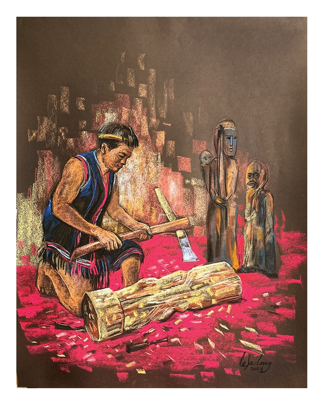 Nghệ nhân đẽo tượng tại không gian trưng bày sản phẩm truyền thống