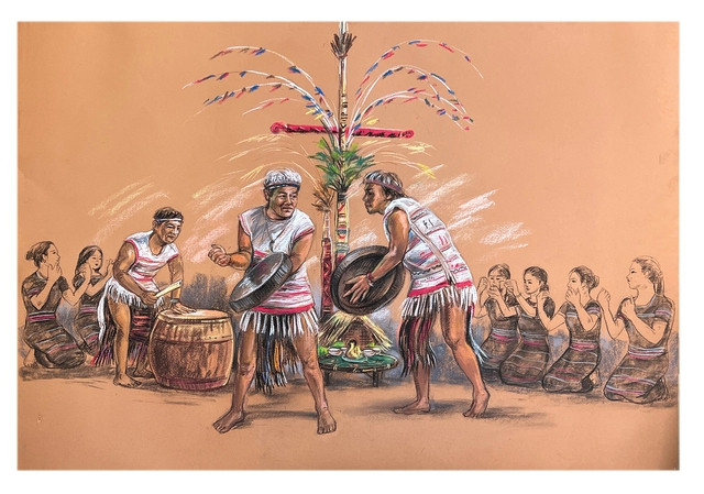 Đọ chiêng (sau khi già làng thực hiện nghi lễ cúng chiêng truyền thống của người K&apos;Ho S&apos;rê của tỉnh Lâm Đồng)