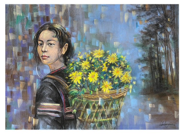 Thiếu nữ Tây nguyên bên gùi hoa dã quỳ Kon Tum