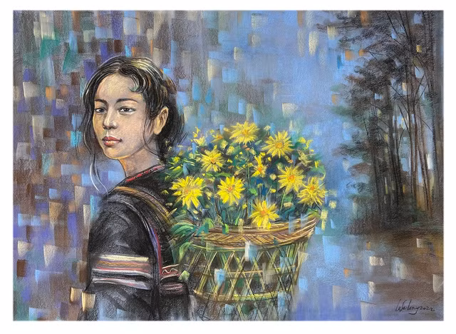 Thiếu nữ Tây nguyên bên gùi hoa dã quỳ Kon Tum