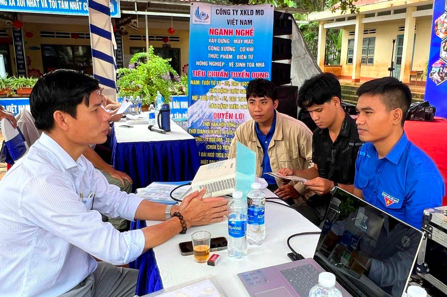 Doanh nghiệp giới thiệu thị trường xuất khẩu lao động cho thanh niên tại phiên giao dịch việc làm xã Ia Dơk, huyện Đức Cơ. Ảnh: Hà Tây Doanh nghiệp giới thiệu thị trường xuất khẩu lao động cho thanh niên tại phiên giao dịch việc làm xã Ia Dơk, huyện Đức Cơ. Ảnh: Hà Tây