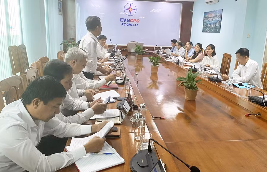 Quang cảnh buổi làm việc giữa đoàn kiểm tra của Ban Thường vụ Đảng ủy Khối các Cơ quan và Doanh nghiệp tỉnh với Đảng ủy Công ty Điện lực Gia Lai. Ảnh: P.D