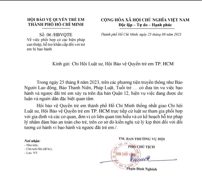 Vụ bé trai bị trói cột điện, bạo hành: Hội Bảo vệ Quyền trẻ em TP HCM vào cuộc - Ảnh 1. Công văn của Hội Bảo vệ Quyền trẻ em TP HCM