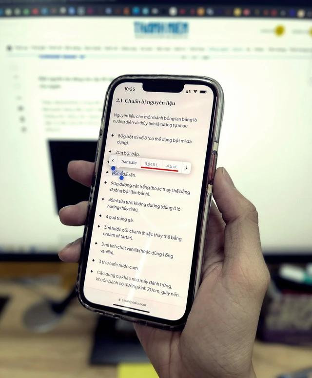 Menu hiển thị đơn vị đo lường được chuyển đổi trên iPhone