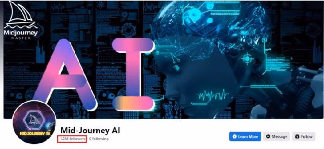 Trang giả mạo Midjourney trên Facebook có lượt người theo dõi lên tới 1,2 triệu
