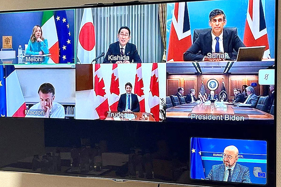 Các lãnh đạo G7 họp trực tuyến ngày 14-4 về xung đột Iran-Israel. Ảnh: Reuters