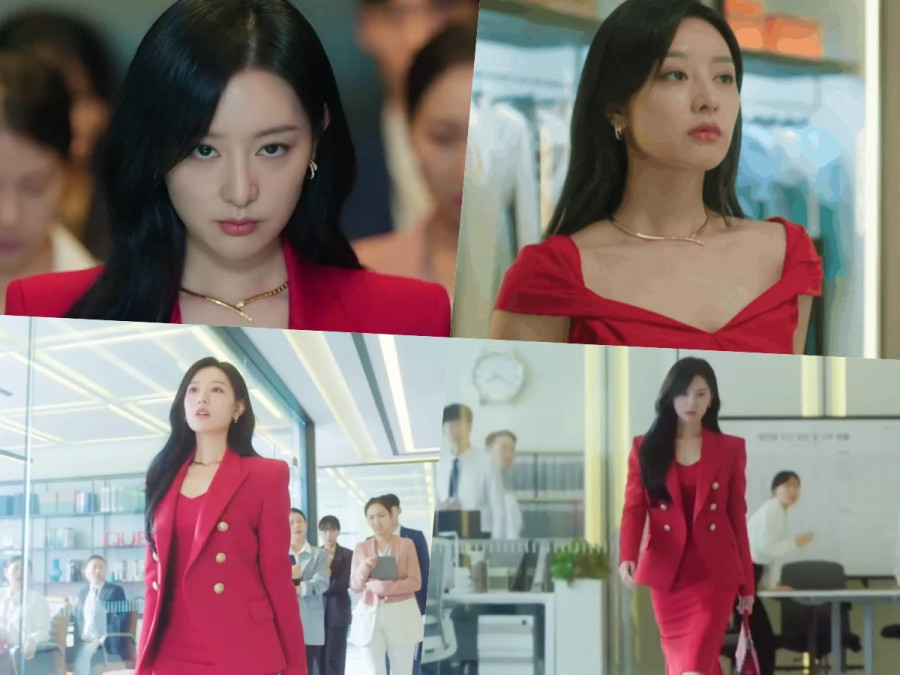 Một trong số lần xuất hiện đắt đỏ nhất của nữ diễn viên trong Nữ hoàng nước mắt nằm ở tập 7. Cô chọn set đồ tông đỏ &quot;rực lửa&quot;: váy ôm dáng mảnh mai, áo khoác Balmain giá 2.600 USD và túi ton-sur-ton của Valentino giá hơn 4.000 USD. Điểm nhấn outfit này là bộ trang sức Serpenti của Bvlgari giá khoảng 43.100 USD