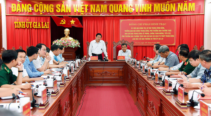 Ủy viên Bộ Chính trị, Bí thư Trung ương Đảng, Trưởng ban Nội chính Trung ương Phan Đình Trạc phát biểu tại buổi làm việc. Ảnh: Đức Thụy