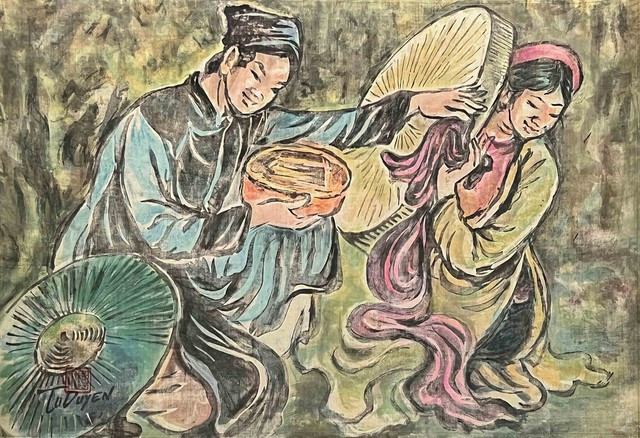 Tác phẩm Mời trầu - tranh ứng dụng kỹ thuật thủ ấn họa của họa sĩ Tú Duyên Tác phẩm Mời trầu - tranh ứng dụng kỹ thuật thủ ấn họa của họa sĩ Tú Duyên