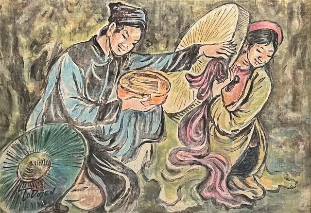 Tác phẩm Mời trầu - tranh ứng dụng kỹ thuật thủ ấn họa của họa sĩ Tú Duyên