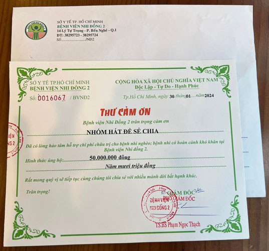 Thư cảm ơn của Bệnh viện Nhi Đồng 2 Ảnh: FANPAGE HÁT ĐỂ SẺ CHIA Thư cảm ơn của Bệnh viện Nhi Đồng 2 Ảnh: FANPAGE HÁT ĐỂ SẺ CHIA
