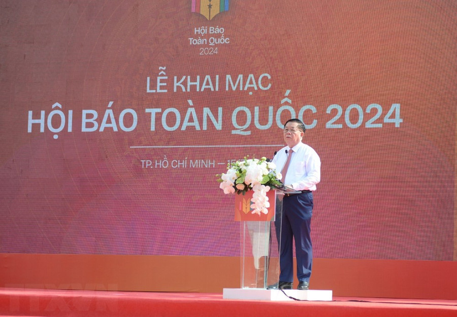 Ông Nguyễn Trọng Nghĩa, Bí thư Trung ương Đảng, Trưởng Ban Tuyên giáo Trung ương phát biểu tại Hội Báo toàn quốc 2024. (Ảnh: Thu Hương/TTXVN)